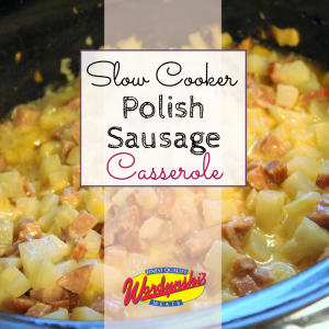 Warm up with this delicious and easy slow cooker Polish sausage casserole! #slowcookerrecipe #polishsausagerecipe #polishslowcookerrecipe